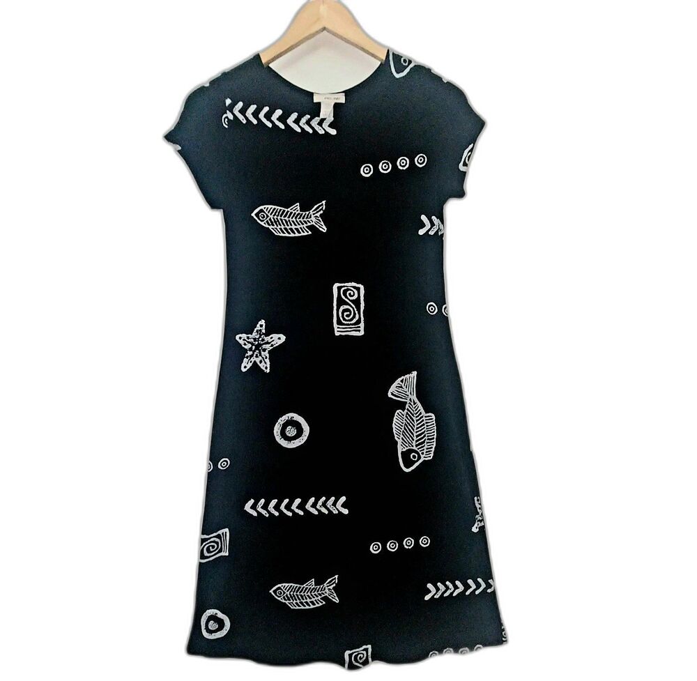 PEONY Nautical Fish Theme Black Dress Size Small Stretch Slinky